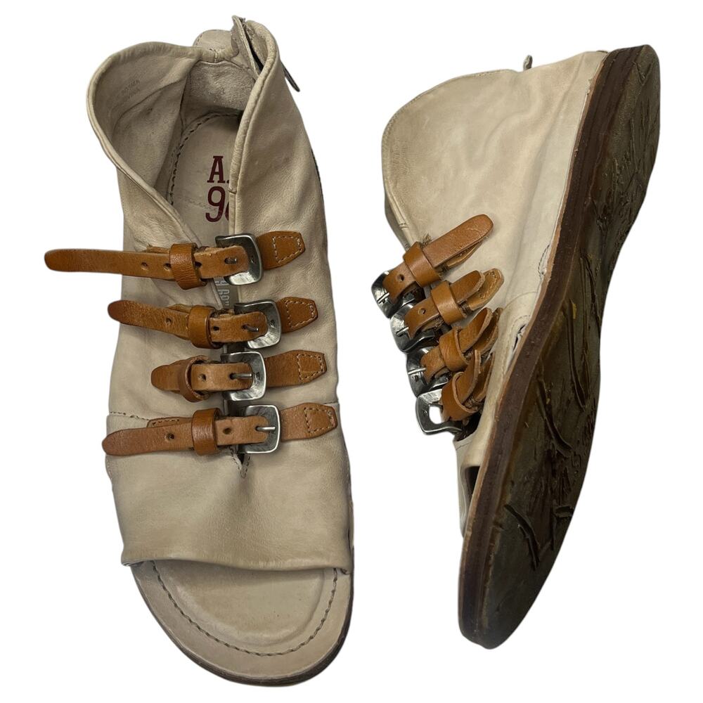 A.S.98 Womens Sandals 42 10.5 Remy Beige Buckle Straps Leather Gladiator Flats